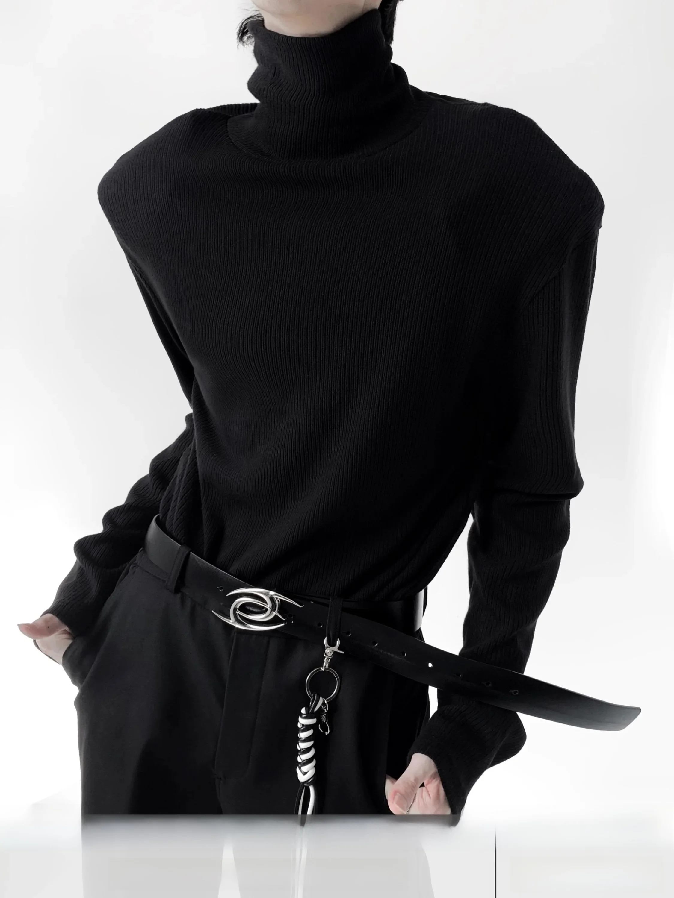 Men's High Collar Thickened Long Sleeve Base Shirt Shoulder Pads Autumn Winter Black Inner Wear  Brand Korean Style