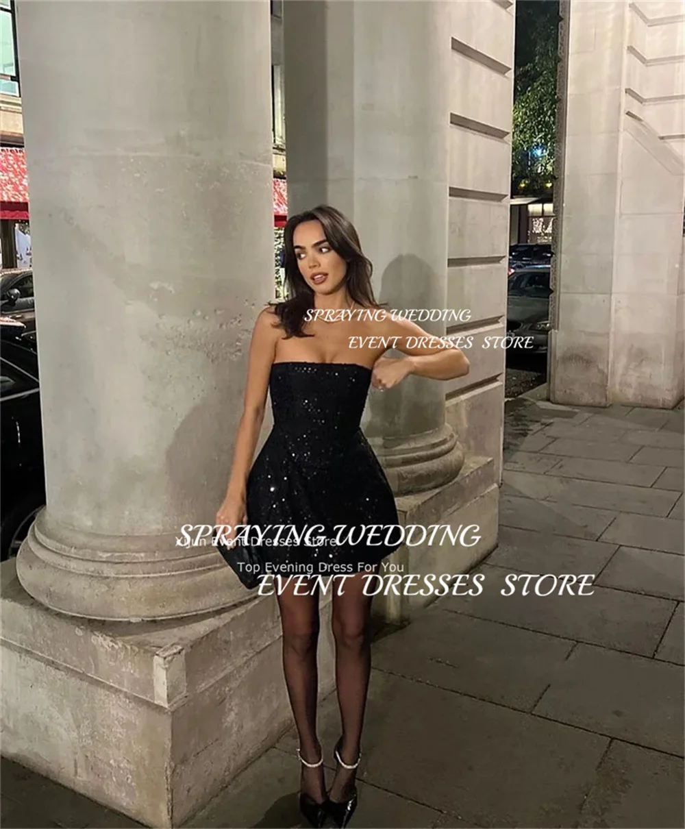 SPRAYING Sexy paillettes noir Mini robe de mariage arabie saoudite brillant sans bretelles robe de bal une ligne douce robe d'événement de nuit personnalisée