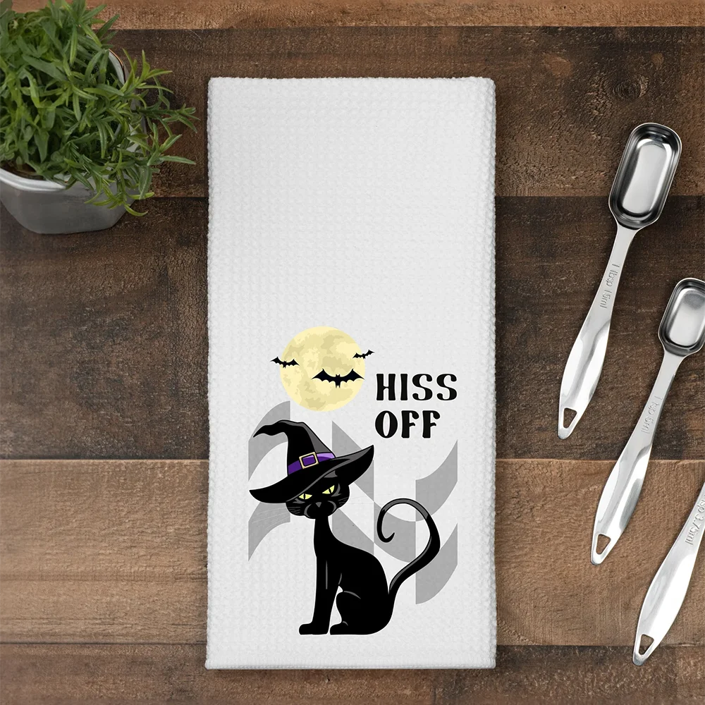 

Halloween Waffle Tea Towel Kitchen Table Decor Dish Towels Black Cat Witch Hat Housewarming Hostess Gift Supplies Fall Hand Tea