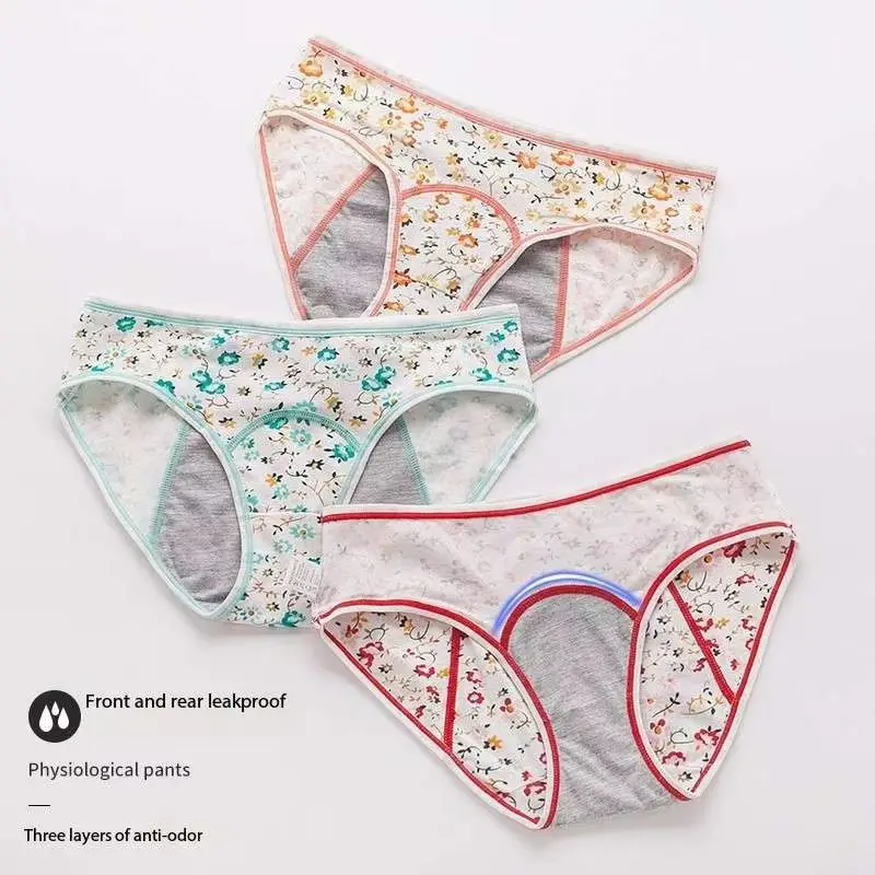 3 Pcs Menstrual Leakproof Panties Women's Cotton Briefs Children PrintedMid Waist FashionPhysiological PeriodGirlsUnderpants