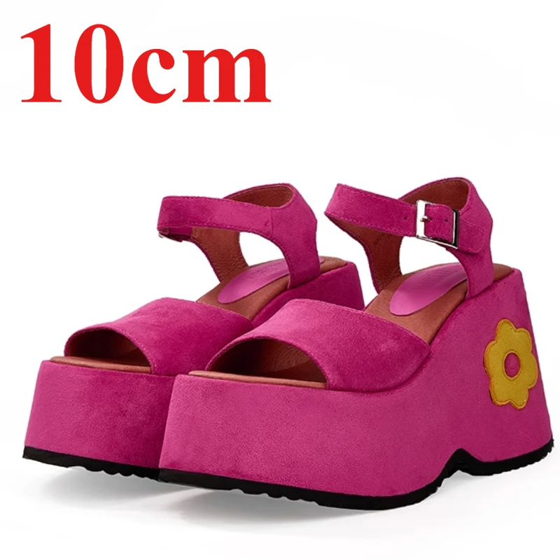 

Vintage Rose Red Suede Leather Fish Mouth Sandals Shoes for Women's 10cm Thick-soled Heightened Heels Wedge Heel Fashion Sandals