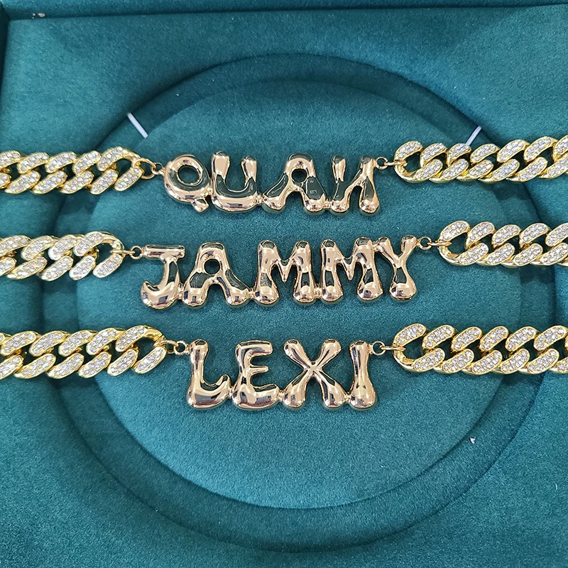 Customized Name necklace Glossy letters With Rhinestone Cuban chain Hip Hop Jewelry Birthday Gift Drop Shipping
