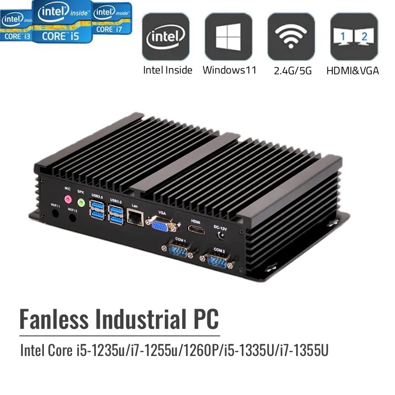 Mini PC industriale senza ventola X86 di 12a generazione Core i7 1260P i5 1235U Doppie porte COM Rs232 HD VGA Mini computer desktop compatto 5G LTE