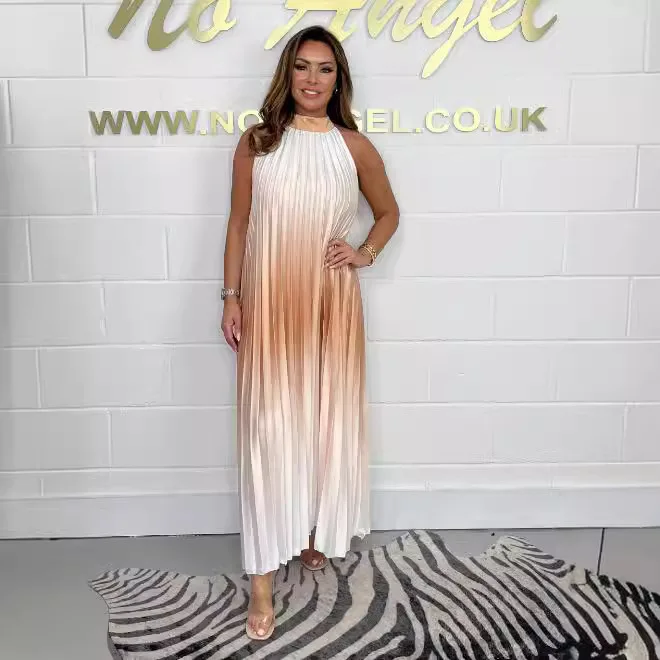 2025 Gonna lunga da donna nuova sfumatura di colore drappeggiato senza maniche colletto alla coreana vita ampia moda festa di compleanno abito lungo