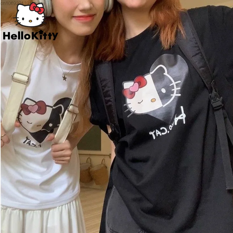 Sanrio Hello Kitty Schattig Wit Zwart T-Shirt Kawaii Y 2K Nieuwe Anime Grafische T-Shirts Top Vrouwelijke Meisjes Mode Jpanese Kleding Vrouwen Yk2