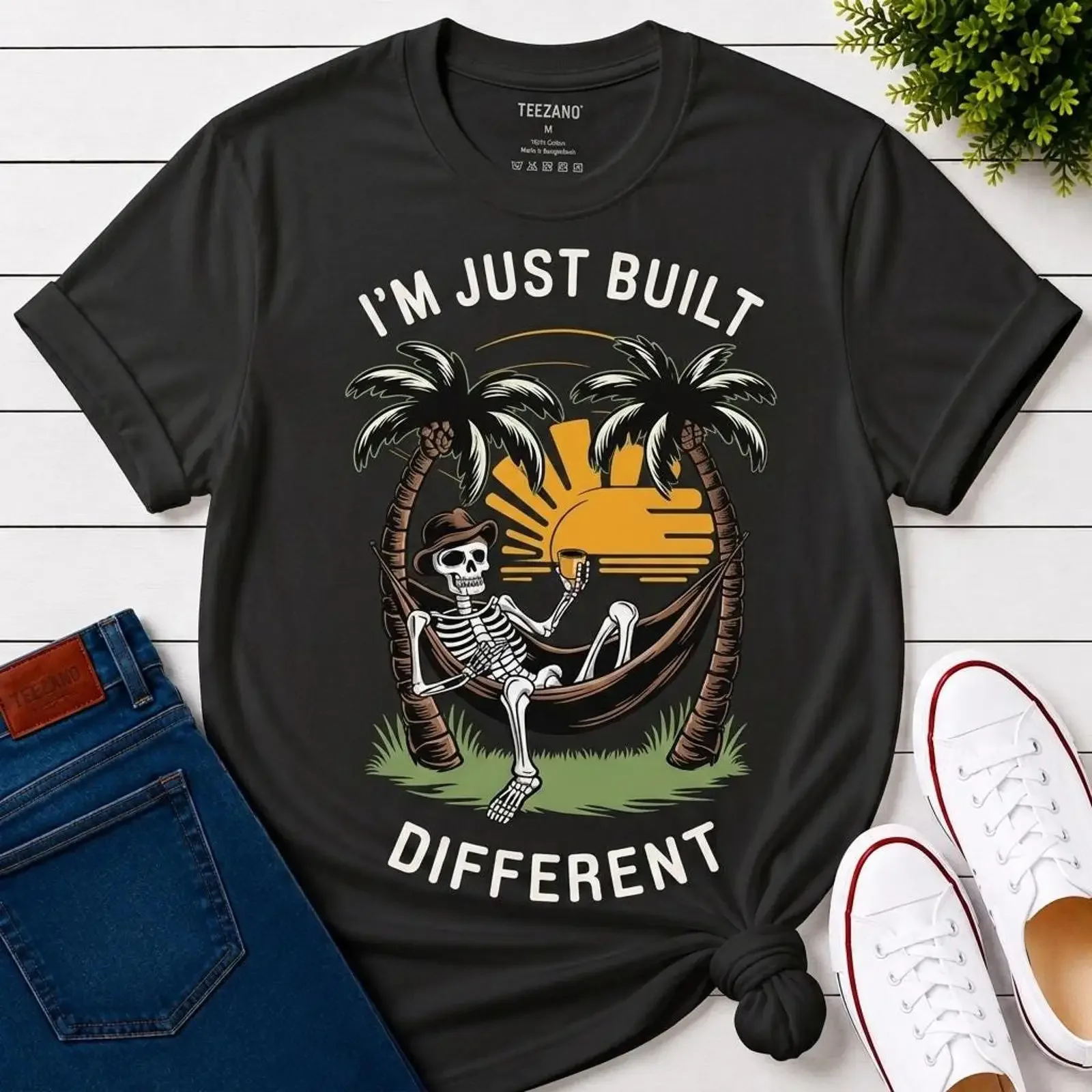 I'm Just Built Different Tropical Skeleton T Shirt Funny Coffee Lover Hammock Palm Tree Beach Retro Vacation  vintage Washed
