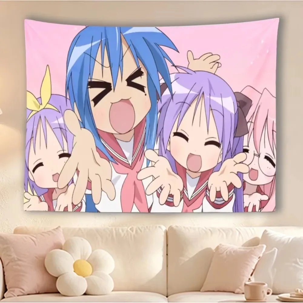 Lucky Star Four Cute Anime Tapestry Kawii Girl Group Moe Style Tapestry Flat Print Wall Hanging Watch Party House Bedroom Decor