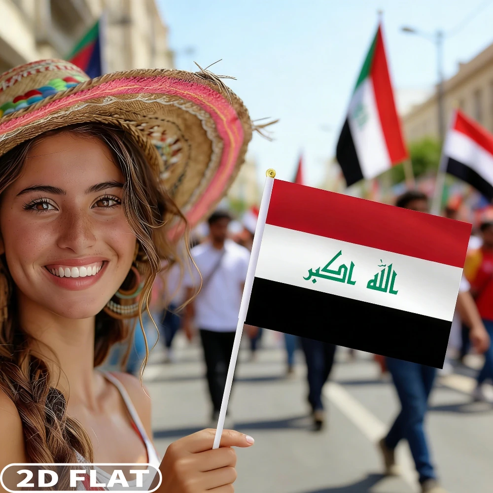 2D FLAT 5pcs/15pcs/25pcs Iraq Handheld Small Flags, 5.5x8.3 Inch, Classic Red, Black & White Iraqi National Flag, Polyester