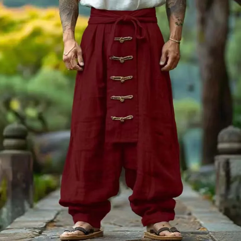 

Ethnic Vestidos Casual Cotton And Linen Wide Leg Pants Men's Solid Color Comfortable And Trendy Pleated Pants Men's Streetwear