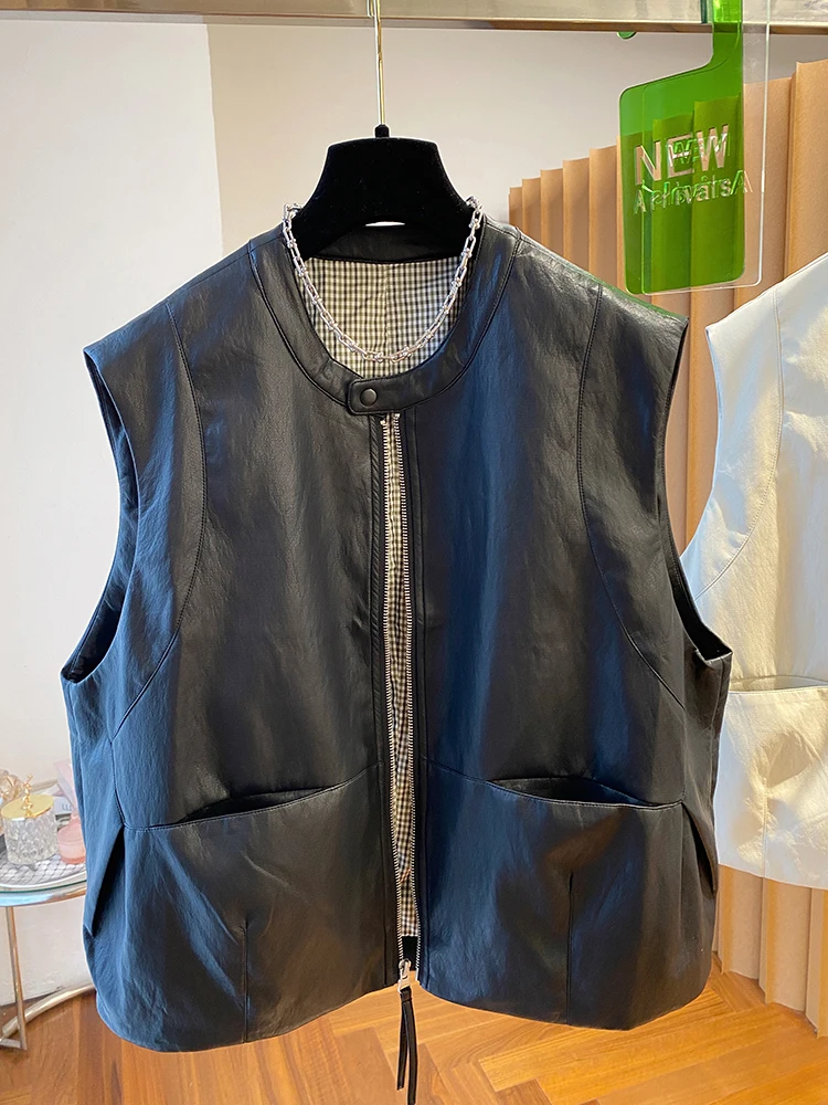 

Черный жилет из искусственной кожи в американском стиле ретро для мужчин и женщин, весенне-осенний модный элитный повседневный универсальный топ без рукавов