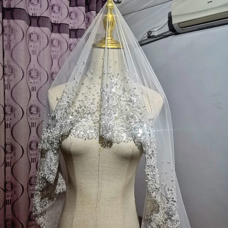 Lussuoso velo di paillettes con perline accessori da sposa romantici 2023 nuova perla cattedrale matrimonio sposa velo nascosto