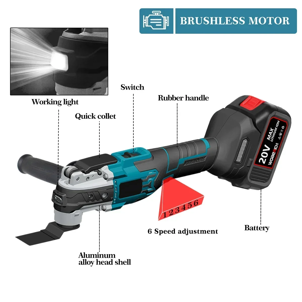 Brushless Oscillating Multitool Cordless Electric Saw Band Trimmer Cutter Woodworking Tool Kit 6 Gears for Makita 18V Batteries