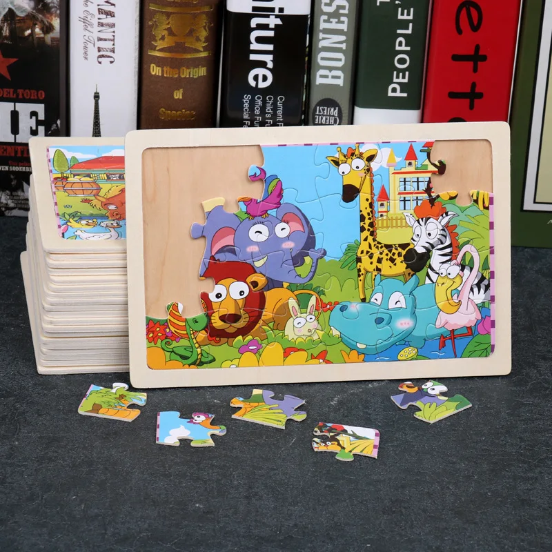 Baby Early Childhood Educational Toys 24 Pieces Wooden Jigsaw Puzzle  for Children Cartoon Animal Puzzles Kids Interactive Toy