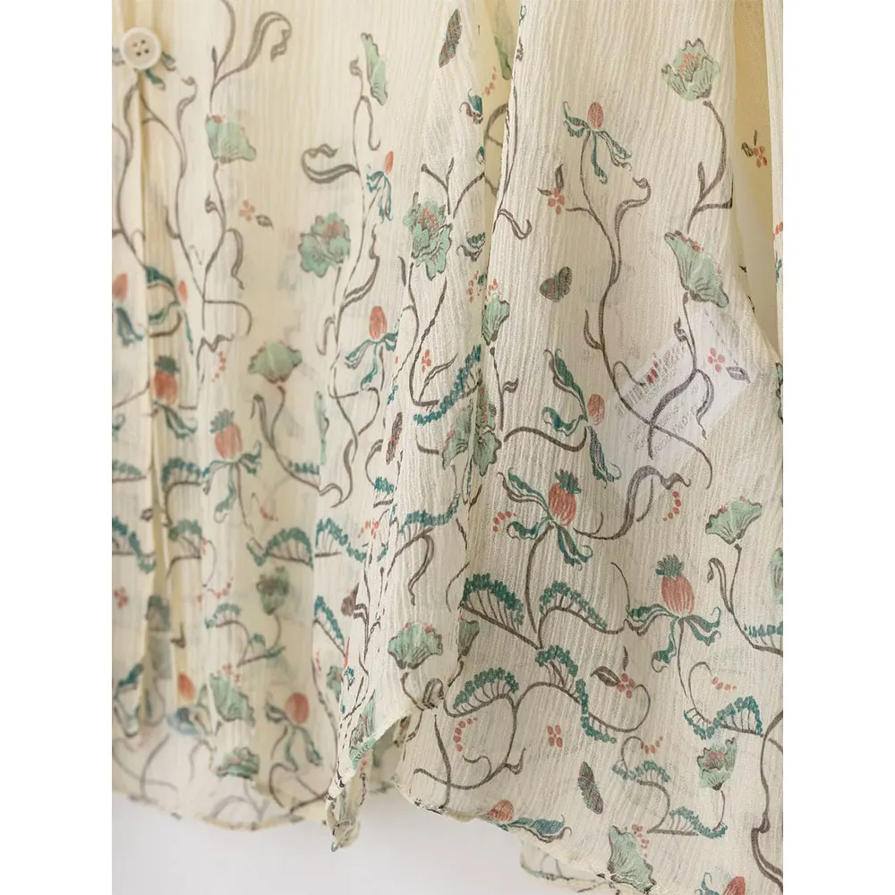 Willshela, camisa transparente ligera de tul de gasa estampada a la moda para mujer, blusa informal elegante de manga larga con cuello en V para mujer