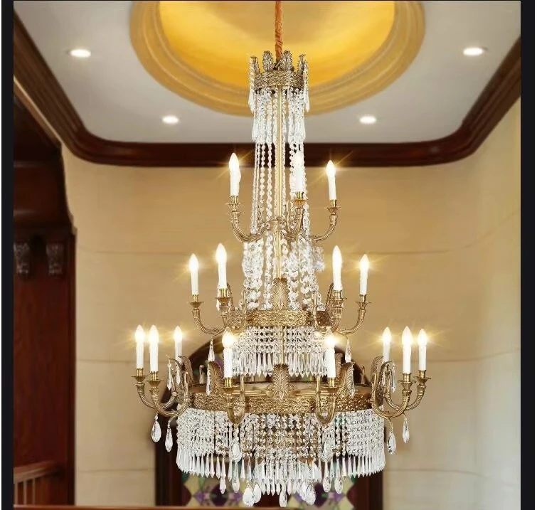 Free Shipping Luxury Crystal Chandelier Light Fixture Bronze Lustres Suspension  De Techo Hotel Lobby Staircase Lighting
