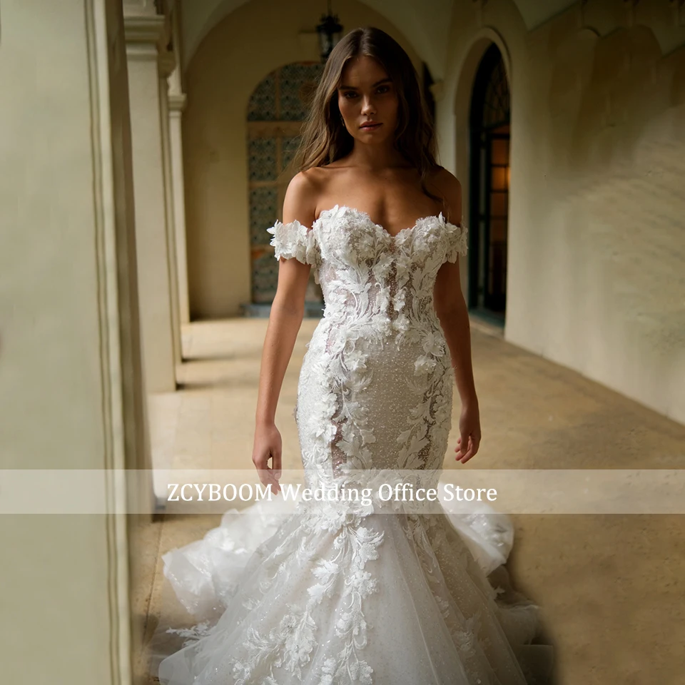 Splendidi fiori 3D Appliques Abiti da sposa Mermiad 2025 Principessa con spalle scoperte Conteggio treno Abiti da sposa donna Vestido De Novia