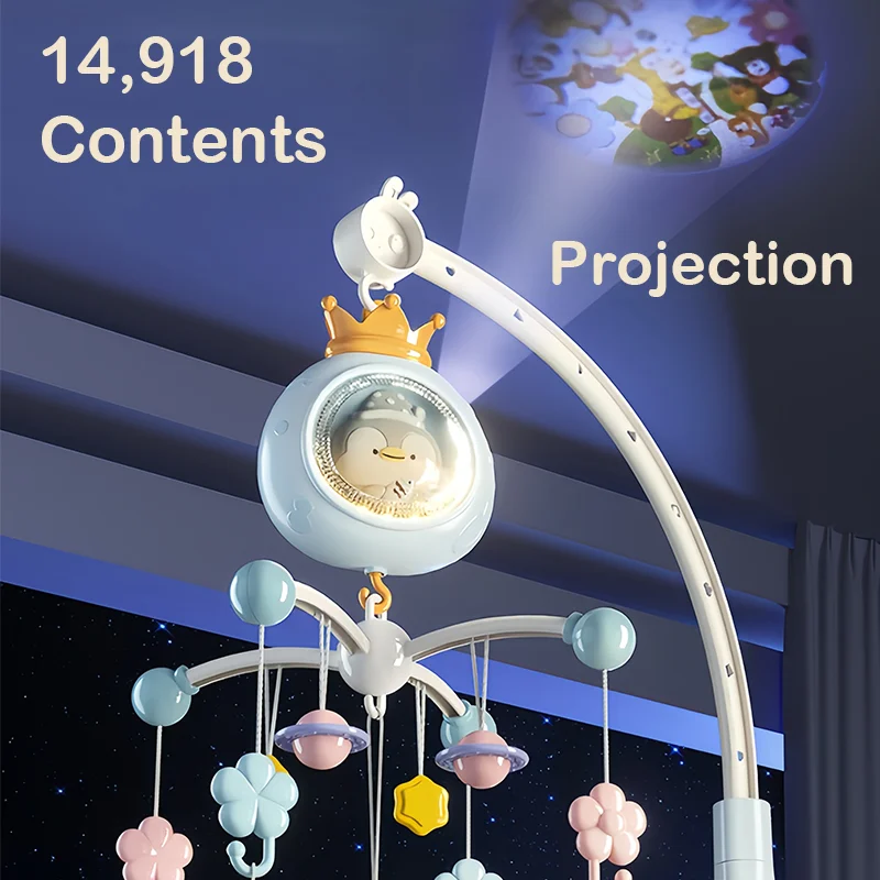 360 °   Pinguino Proiezione musicale Culla Mobile rotante Morbida luce Letto Campana Giocattolo Quattro velocità Timming Infantile Sonaglio Comodino Regalo