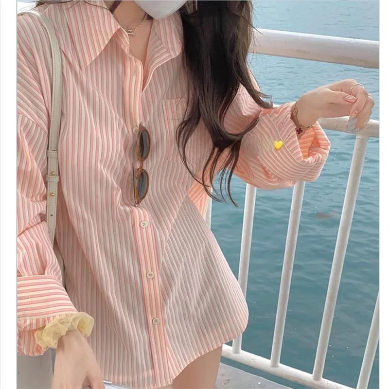 Striped Blouses Office Lady Women Loose Casual Outerwear Shirt Spring Vintage Turn Down Collar Tops Korean Long Sleeve Blouse