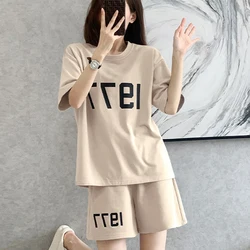 Summer Sports Chic New Loose Casual Short Sets Women Young Style Minimalist Letter Short Sleeve Round Collar Drawstring Clothes