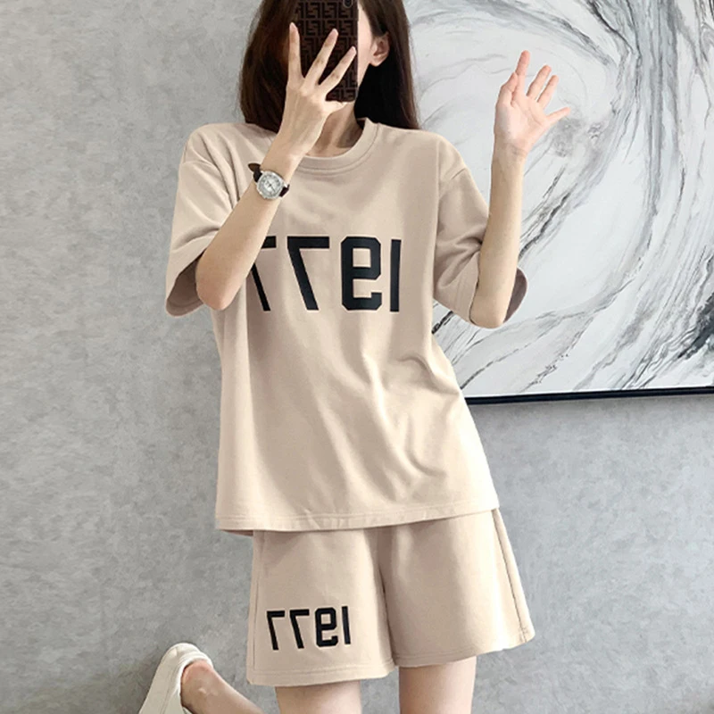 Summer Sports Chic New Loose Casual Short Sets Women Young Style Minimalistyczna litera Krótki rękaw Okrągły kołnierzyk Sznurek Odzież