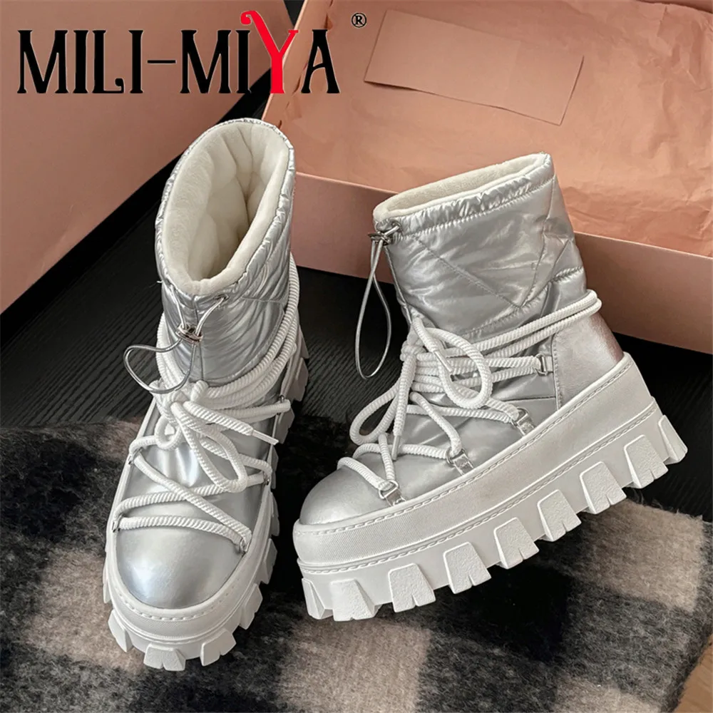 

MILI-MIYA Женские классические зимние ботинки с круглым носком и выдвижным дизайном, теплая и ветрозащитная, на толстой флисовой подкладке, нескользящая подошва, морозостойкая