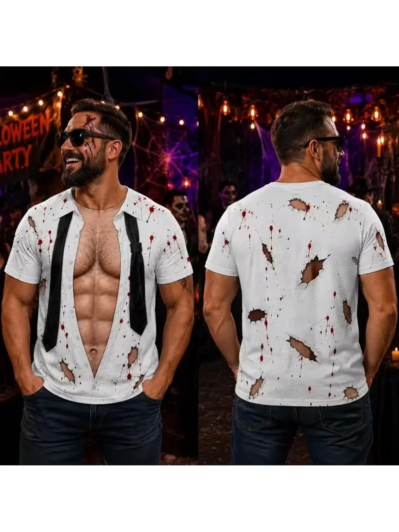 Mens Halloween Horror T-shirt 3D Bloody Knife Print Short Sleeve Casual Graphic Tee Spooky Streetwear Top Clearance Sale Items