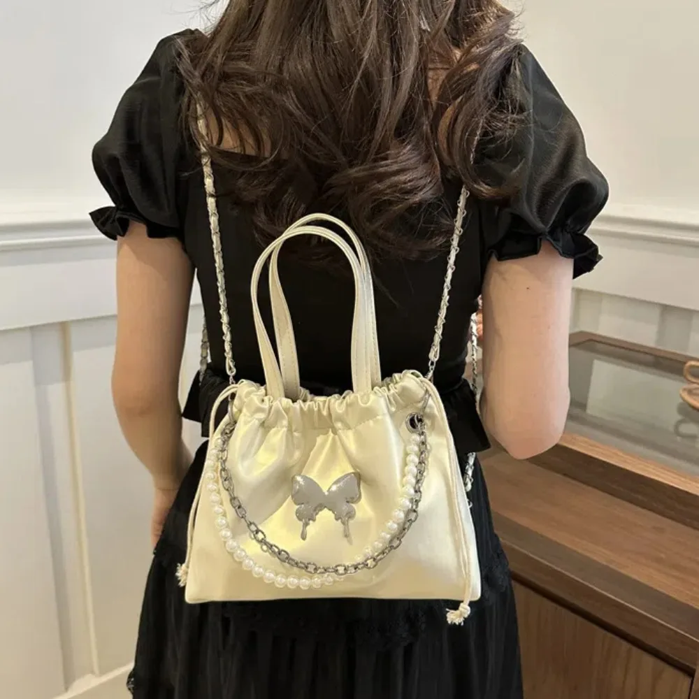 Magnetic Buckle Drawstring PU Backpack Butterfly Decor Beaded Decor Pearl Chain Handbag Versatile Metal Chain