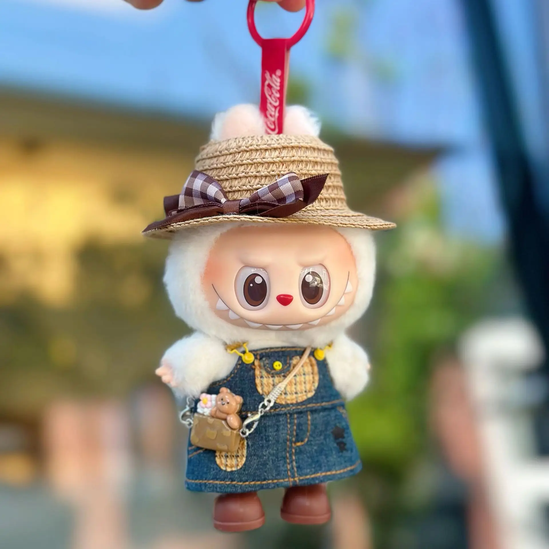 

17cm Labubu denim suspender dress, Labubu straw hat dress for One, Two, Three generations of dolls clothing accessories