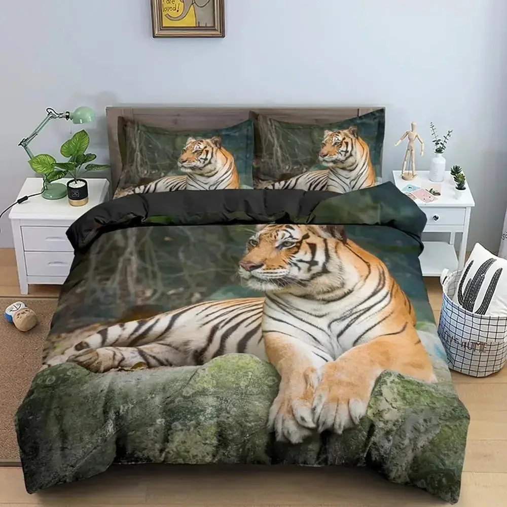 Juego de funda nórdica de tigre, juego de cama King Size con tema salvaje, funda de edredón con patrón de animales, funda de edredón de poliéster con puesta de sol y tema Animal