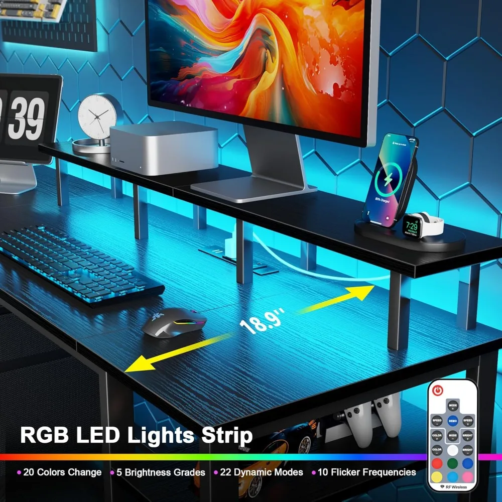 Gaming Desk with LED Lights and Power Outlets, Reversible Desk with File Cabinet and Monitor Stand for Home Office Use