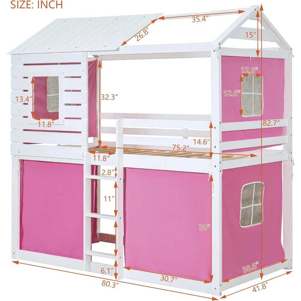 Twin Over Twin Bunk Bed with Tent, Wood Twin Size House Bed Frame, Pink+White Modern Plywood, Pine Wood, MDF House Bunk Bed