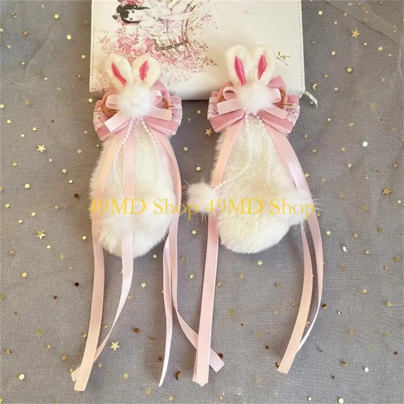 49MD Lovely Rabbit Hair Clip Girls Bowlers Hat Rabbit New Year Headdress with Tassels Ribbon Pearls Rabbit Theme