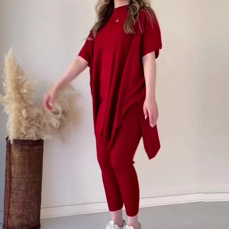Women Two Piece Pant Sets Knitted Batwing Sweaters Short Sleeve Y2k Tops Casual High Waist Pants Autumn Winter Matching Sets