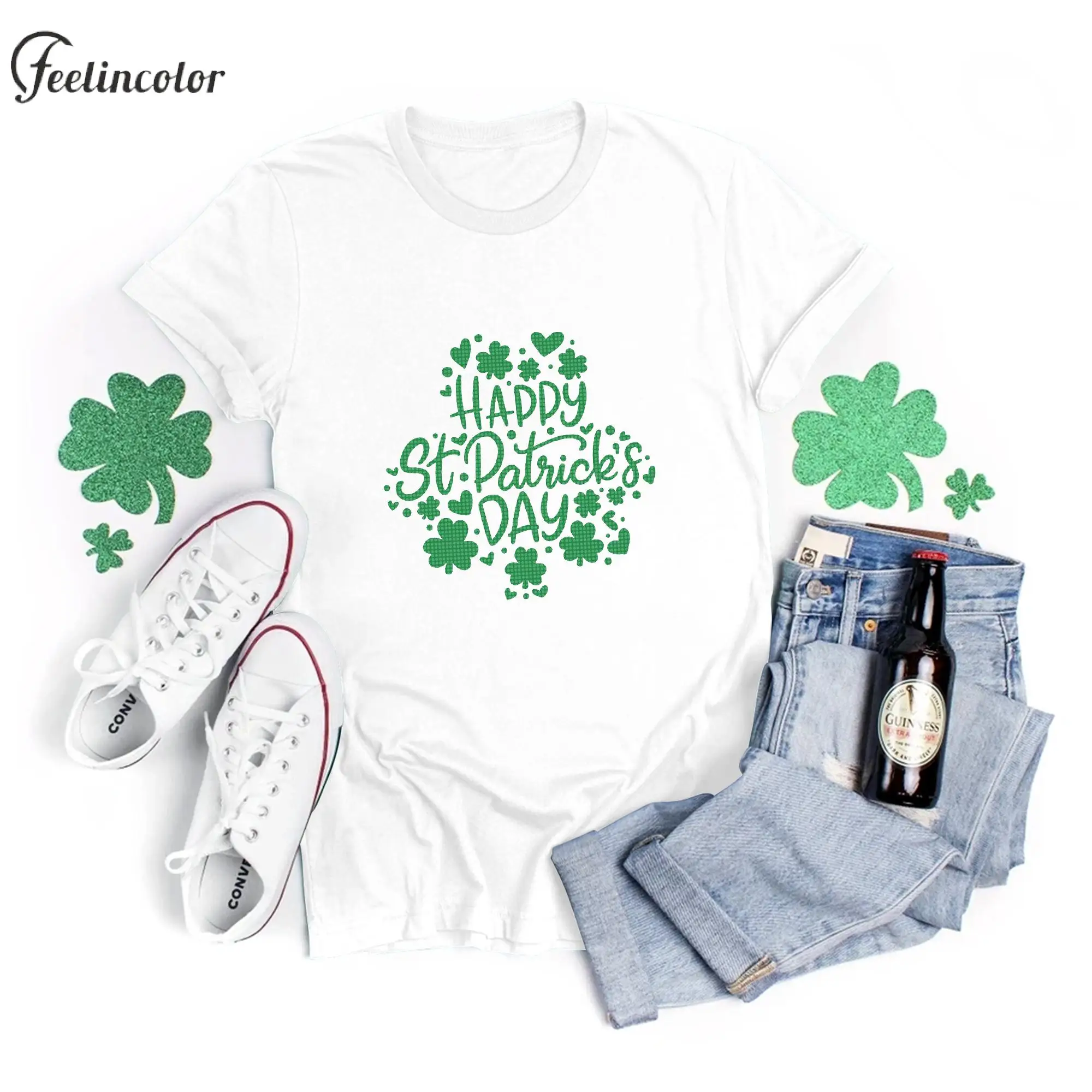 

St. Patrick's Day T-shirts Holiday Party Top Women Men Green Clover Print Tee Shirt O-neck Casual Streetwear White Green Clothes