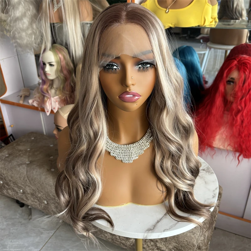 Brown Ashy Blonde Lace Frontal Wigs for Black White Women 100% Natural Soft Synthetic Wig Cosplay Party Long Lace Wigs Easy Wear