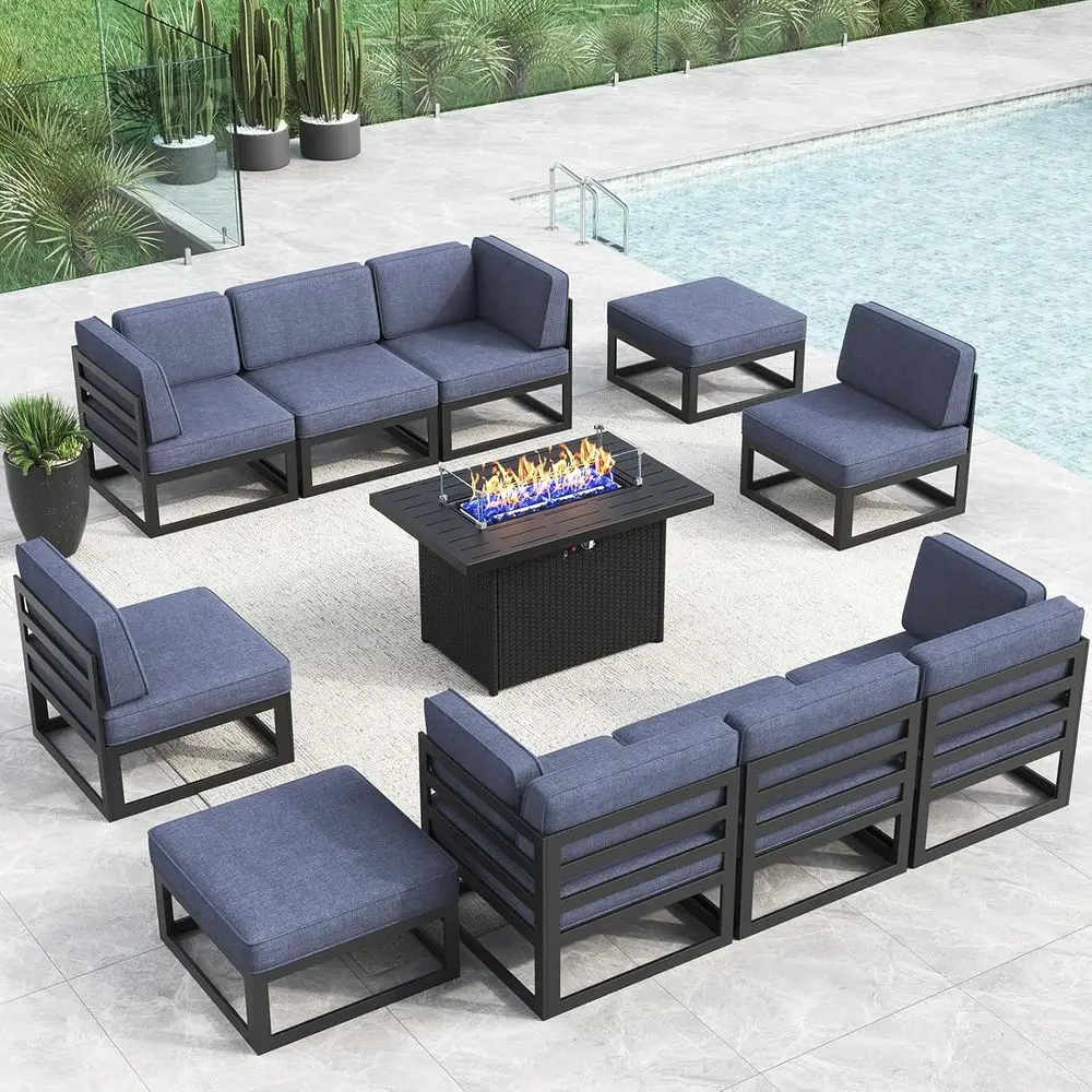 

Современный уличный секционный диван-комплект с каминным столиком и льняными подушками