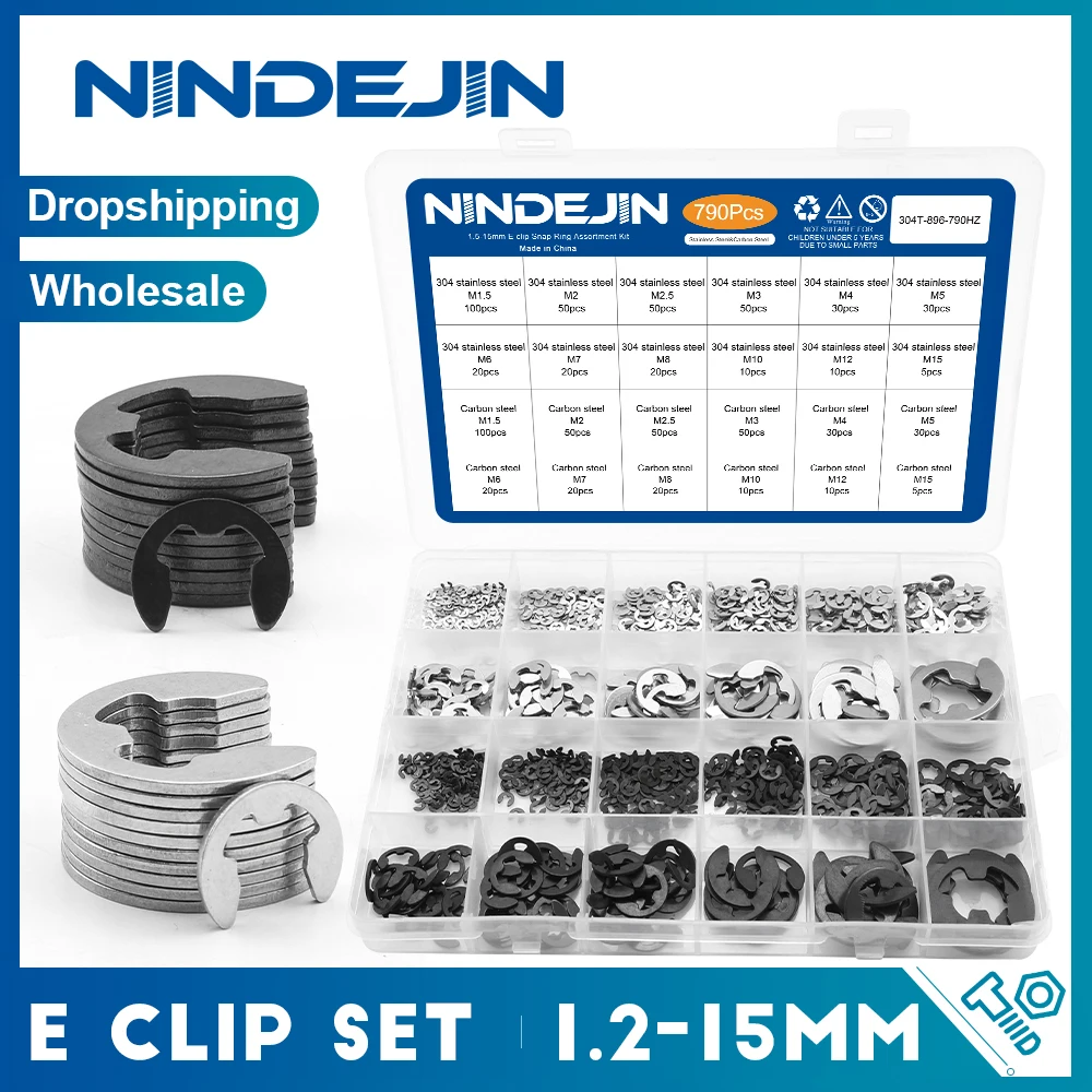 NINDEJIN E Clip Set Circlip Washer Assortment Kit Stainless Steel Carbon Steel 1.2-15mm External Retaining Clip For Shaft