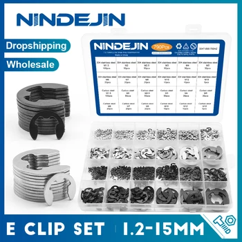 NINDEJIN E klip seti Circlip yıkayıcı çeşitler kiti paslanmaz çelik karbon çelik mil için 1.2-15mm harici tespit klipsi