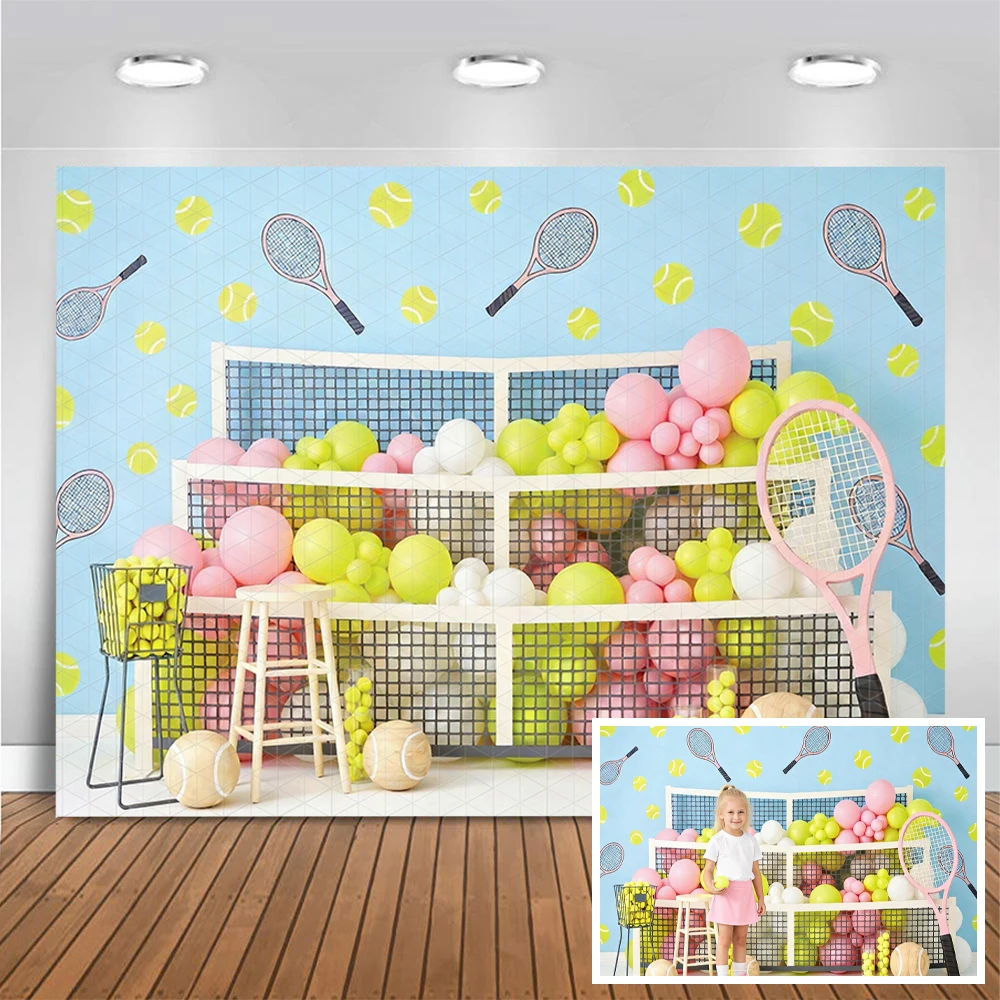 Tennis Ball Photography Backdrop Cake Smash Balloon Arch Tennis Racket Ball Pattern Decor Sports Theme Party Photo Background