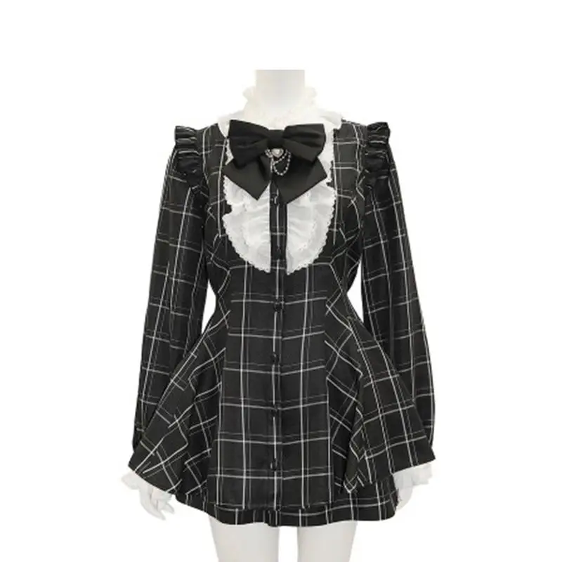 NIGGEEY Lolita Japanese Plaid Heart Bowknot Chain Skirt Women Long Sleeve Slimming Y2k Aesthetic Sweet A-line Mini Skirt Set 2pc