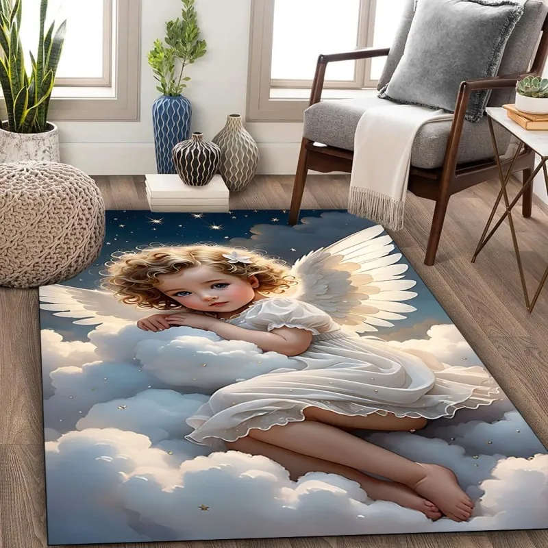 Fantasy Angel Rug Painting Clouds Starry Sky Home Carpet Soft Non-Slip Flannel Floor Mat Living Room Decoration