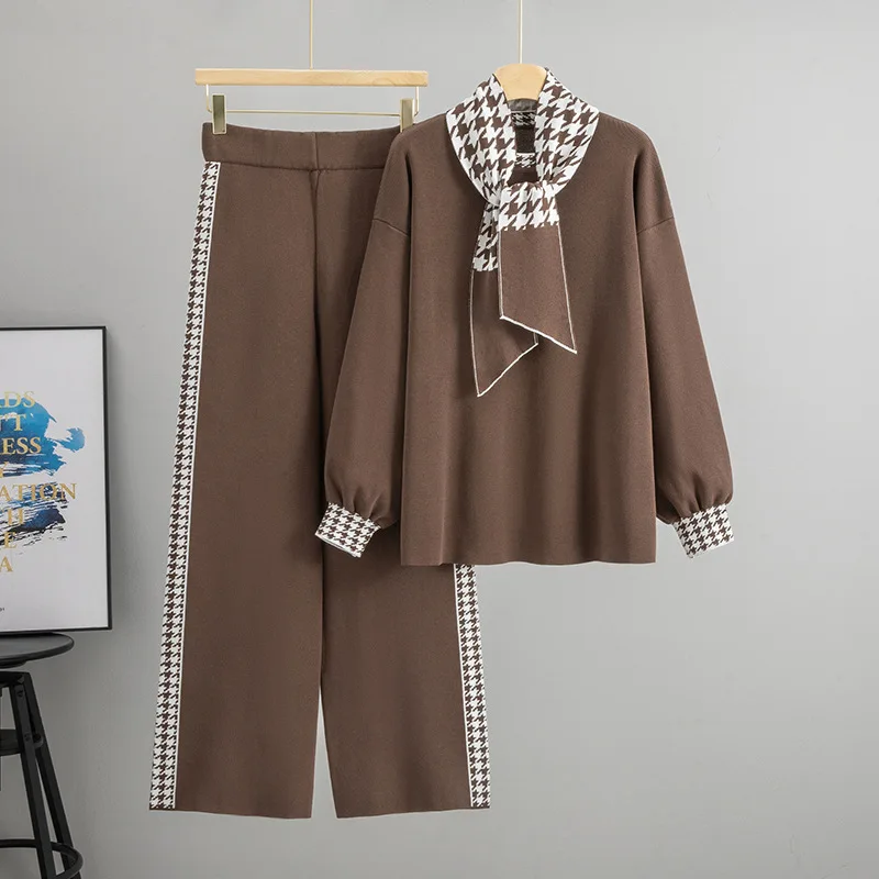 

Knitting Suit Muslim Women Sweater Print Sacrf Pullover Wide Leg Pants 3 Piece Sets Knitted Ensembles Casual Femme Outfits Suits