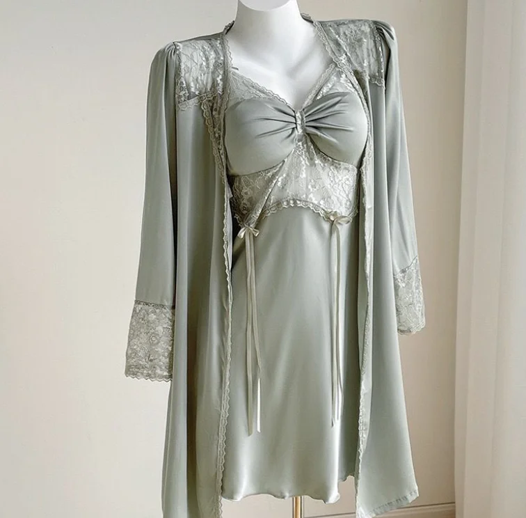 Sleeping Skirt Women's Spring Ice Silk Strap Chest Mat Short Skirt Long Sleeve Sleeping Robe Two Piece Set Sexy Sleepwear