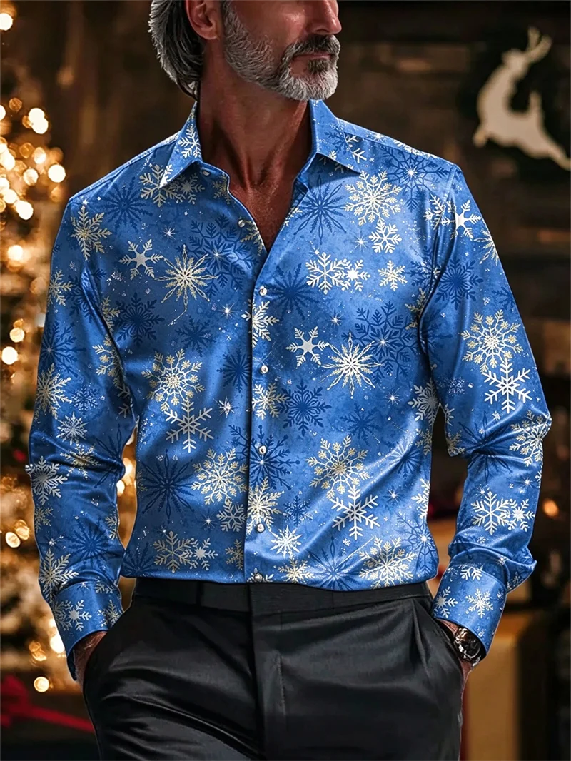 New men's navy blue Christmas snowflake long sleeved shirt with shiny silver and white snowflake collar, holiday shirt