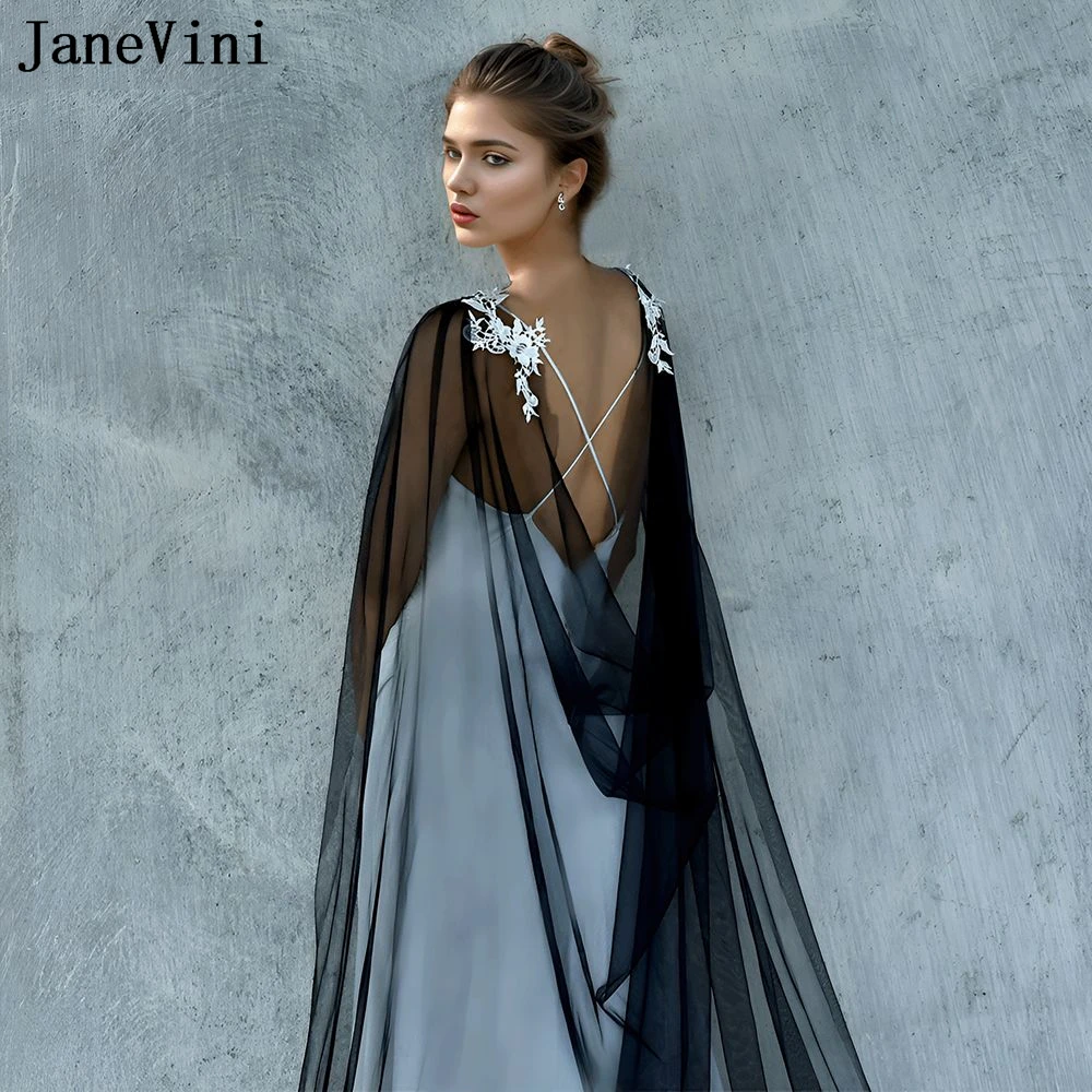 JaneVini 2024 Lace Wedding Cape Bridal Black Wrap Top Tulle Long Shoulder Veil Bride Dress Cloak Shrug Party Shawl Capa Boda