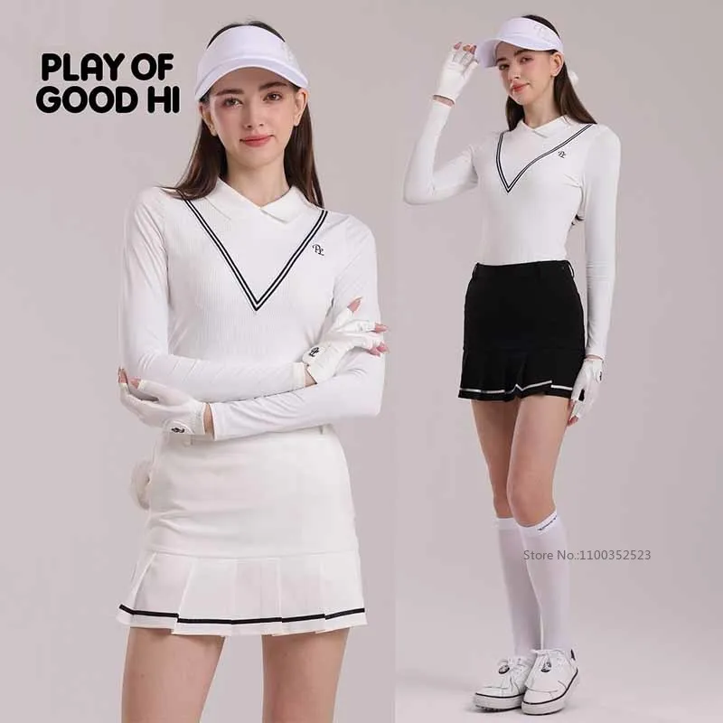 PLA Golf Clothing Women Quick-dry Long-sleeve POLO Shirt Striped Elastic Top Lady Pleated Sports Tennis Skirt A-Lined Skorts