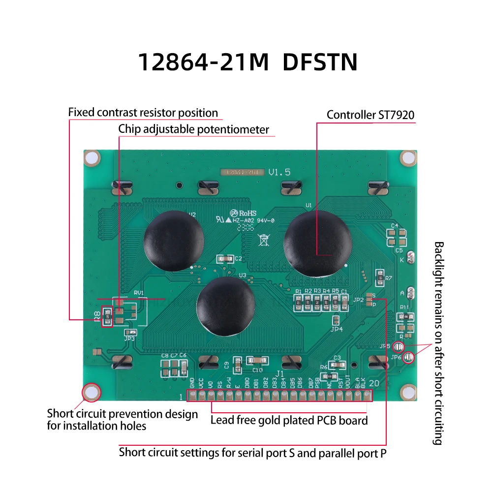 Stable Supply 12864-21M LCD Display Module DFSTN Black Film White Font Install ST7920 English LCD Display Screen