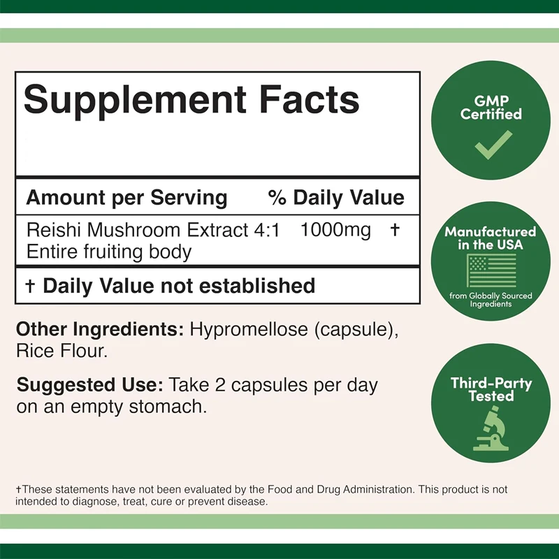 Lingzhi Mushroom Capsules (4:1 extract, 1000mg red Lingzhi powder) 60 capsules, used for immune system support and defense