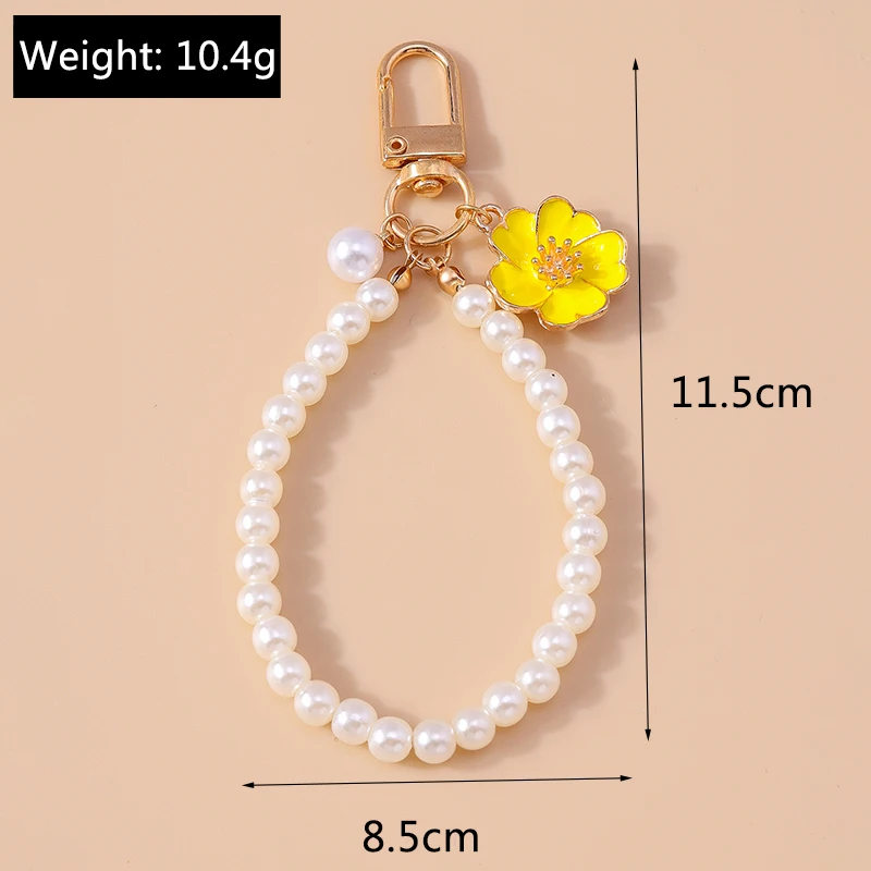 Fashion Imitation Pearl Handmade Beads Keychain Enamel Flower Charms Keyrings for Women Men Car Key Handbag Key Chains DIY Gifts image 6