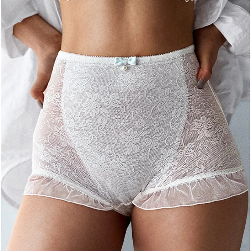 SP&CITY High Waist Flower Embroidery Sexy Lace Women's Underwear Transparent Shorts Mesh Hollowed Panties Ruffle Seamless Briefs